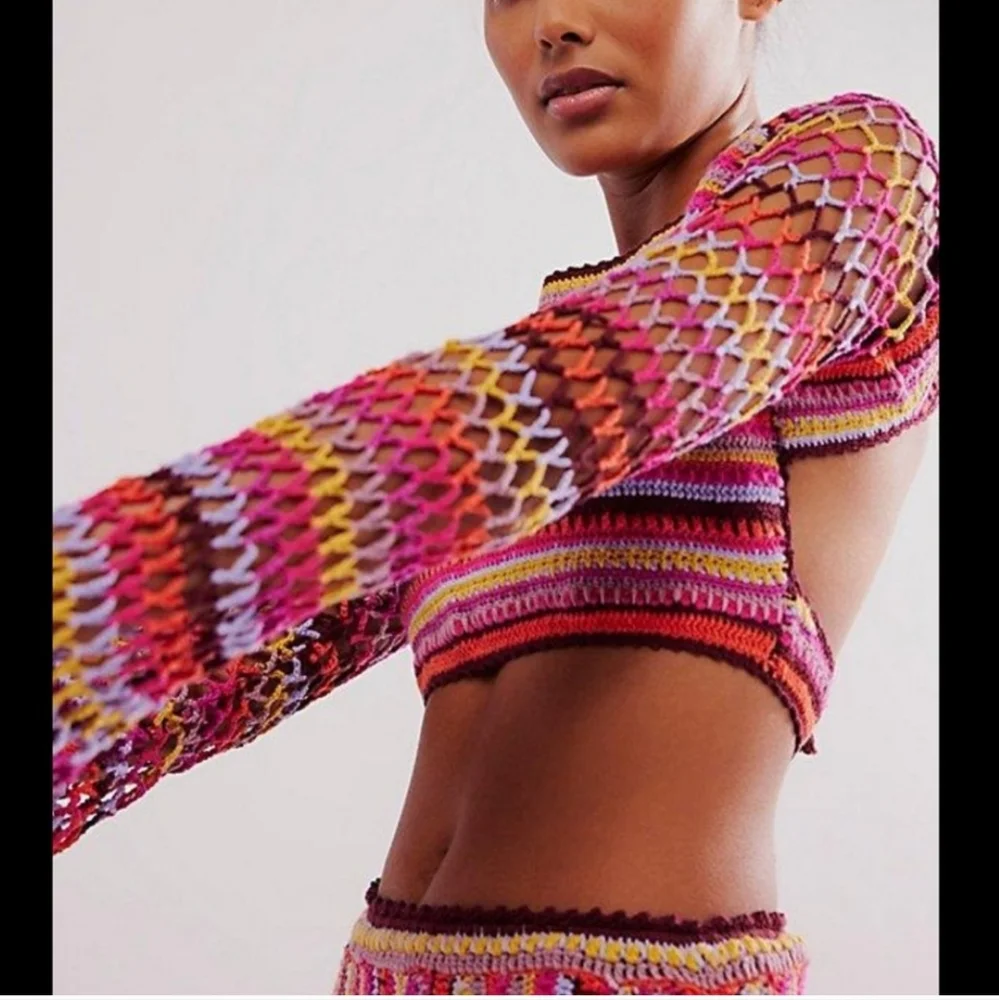 New Free People Multicolor‎ Crochet A-Line Skirt And Top Very Beautiful Set.